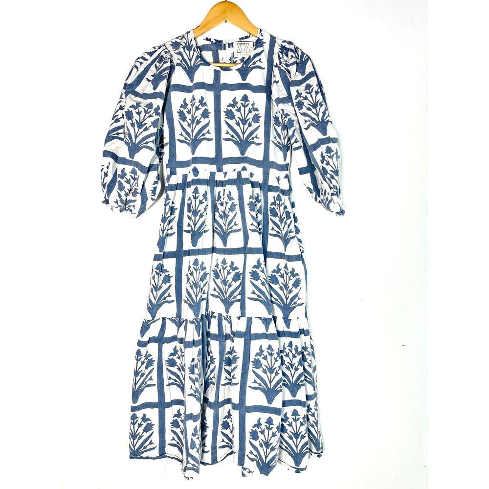 SZ Blockprints Orti Dress Floral Block Midi Blue Small - Picture 4 of 8